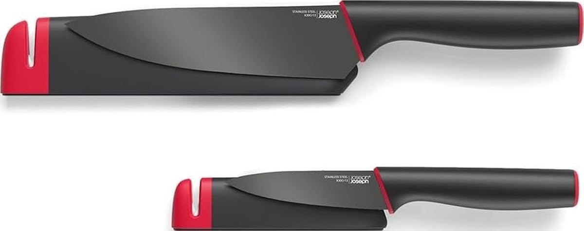 Joseph Joseph Slice & Sharpen 6" Chef's Knive and 3.5" Paring Knife with Sharpening Protective Sheaths, Black