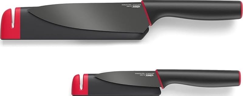 Joseph Joseph Slice & Sharpen 6" Chef's Knive and 3.5" Paring Knife with Sharpening Protective Sheaths, Black