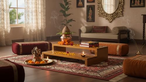 Image of Pooja Chowki 2 Step Pata Chowki Decorative bajot for Sitting Pooja Temple Stool for Mandir | Handcrafted Traditional Indian Low Chaurang for Puja, Altar, Diya Stand (BIG SIZE -15.5 x 8.5 x 3.5 Inch)