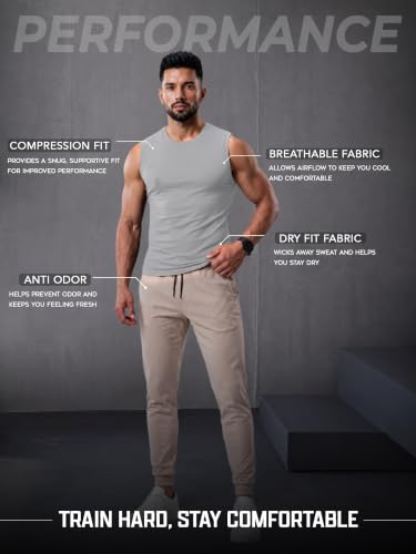 Image of CHKOKKO Gym Sleeveless T Shirt for Men Workout Compression Tanktop Sando Cut Sleeves Tees Gym Vest for Man Athletic Dry Fit for Sports Fitness & Exercise