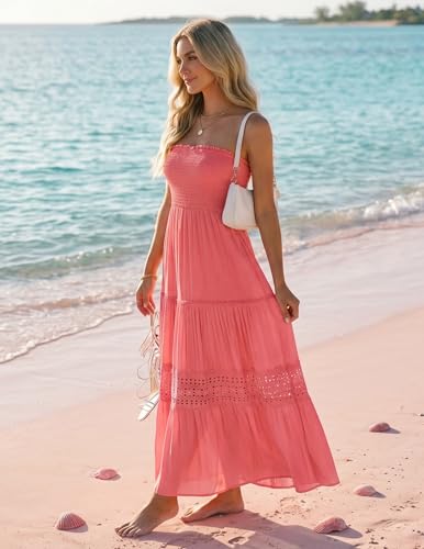 Image of ZESICA Women's 2026 Summer Boho Maxi Dresses Strapless Off Shoulder Lace Flowy A Line Beach Vacation Long Sundress