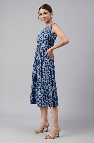 Image of Janasya Women's Cotton Floral Block Print Tiered Western Dress