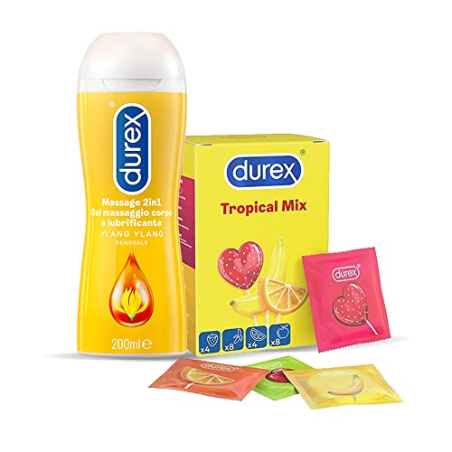 Durex Tropical Preservativi Aromatizzati alla Frutta 24 Profilattici + Durex Massage 2 in 1 con Ylang Ylang, Gel Lubrificante da 200ml