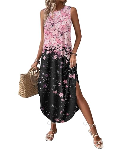 Image of Zeagoo Women Floral Summer Casual Beach Printed Tank Dress with Pockets Pleated Front Long Dress