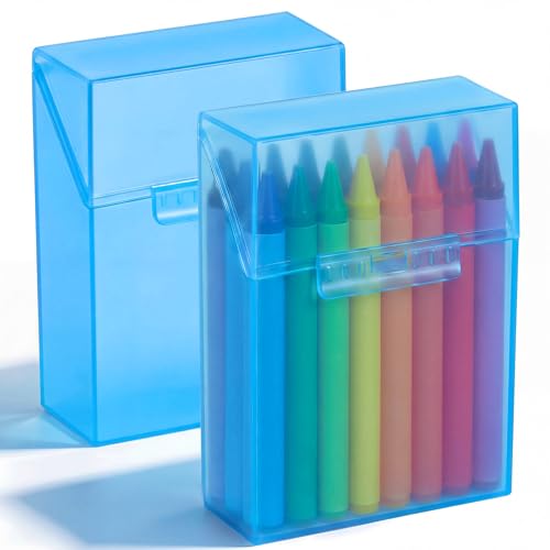 Image of Clabby 2 Pcs Clear Plastic Crayon Boxes Hold 24 Count, Blue | Organizer Box, Case, Colorful, Portable Storage Holder with Snap Lid, for Kids Boys Girls School Classroom Home Art Supply