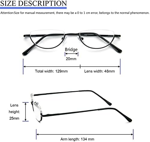 MMOWW 2 Pack Half Moon Reading Glasses for Men Women Slim Metal Half Frame Readers Semi Rimless Eyewear with Spring Hinge (Black+Grey, 1.0)