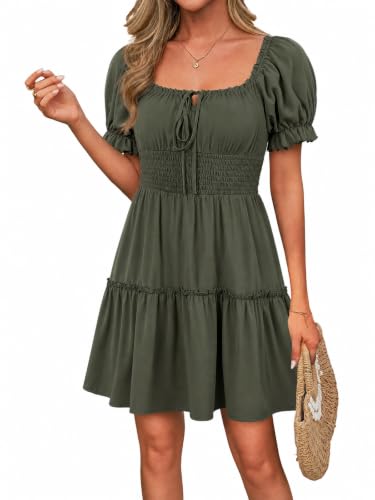 Image of Womens Babydoll Mini Dress Casual Square Neck Short Sleeve Summer Dresses | Empire Waist, Smocked, Flowy, Short Beach Dress, Vacation, Floral, Boho