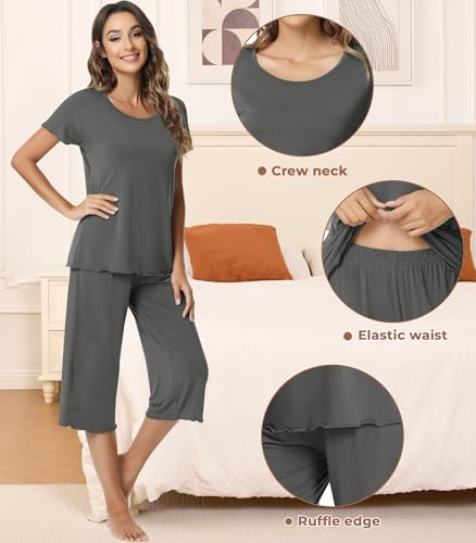Image of NACHILA Women's Bamboo Viscose Pajama Sets Summer Cooling Short Sleeve Capri Soft Pjs Night Sweats Moisture Wicking Sleepwear