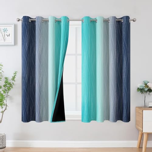 Estelar Textiler Navy Blue and Teal Blackout Curtains 45 Inch Length, Full Light Blocking Gradient Drapes for Kitchen, Thermal Insulated Grommet Ombre Curtains for Bathroom,52Wx45L,2 Panels