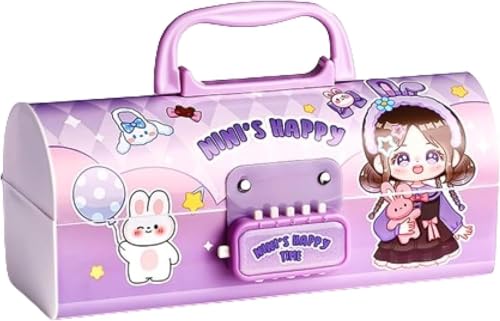 Image of Invite New Cartoon Theme Pencil Box with Push Pull Eraser Set for Kids | Suitcase Style Password Lock Stationery Organizer | School Supplies Gift Combo for Boys & Girls (Nini Happy Purple + Eraser)