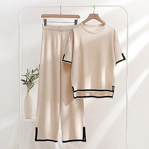 Prime Big Deal Days Womens Two Piece Sweater Sets Long Sleeve Pullover Tops and Elastic Wide Leg Pants Solid Color 2 Piece Lounge Sets - Thumbnail 2