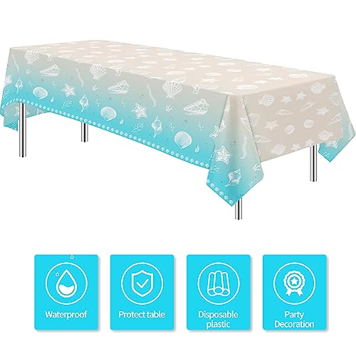Image of Beach Seashell Party Decorations Tablecloth, Disposable Beach Seashell Party Table Covers Supplies, Sea Shell Table Decorations for Birthday Baby Shower Wedding Party, 3 Pack, 54in x 108in