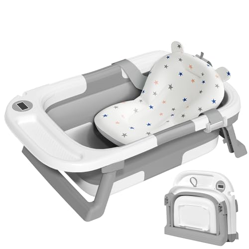 Image of Collapsible Baby Bathtub,Baby Bath Tub with Thermometer & Soft Cushion,Baby Bathtub for Newborn to Toddler 0-36 Months,Portable Travel Baby Tub with No-Slip Feet,Baby Shower Gifts,Grey