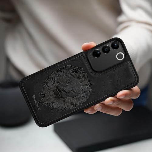 Image of Vaku Luxos Lion Embossed Back Cover Case for Vivo V27 5G Premium Leather Stitched Soft Shockproof Protective TPU Phone Case Camera Screen Protector- Black