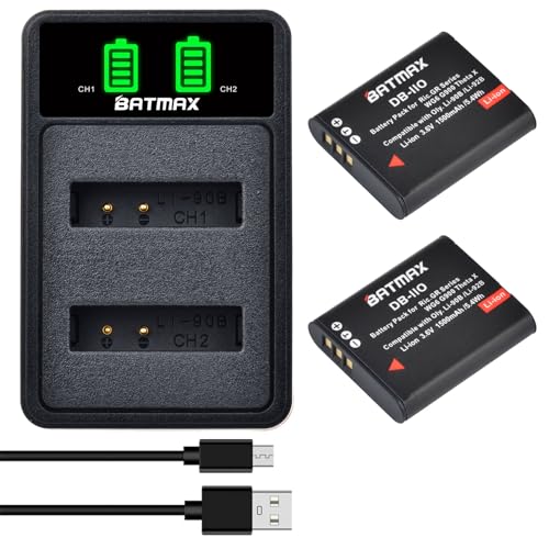 Batmax 2X DB-110 Battery + Quick LED Dual USB Charger with Type C Port for Ricoh DB-110 GR Series Ricoh GR III GR IIIx Theta X WG-6 G900 Cameras
