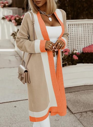 Image of chouyatou Women's Fall Color Block Open Front Cardigan Sweater Casual Loose Knitted Long Coatigan Coat