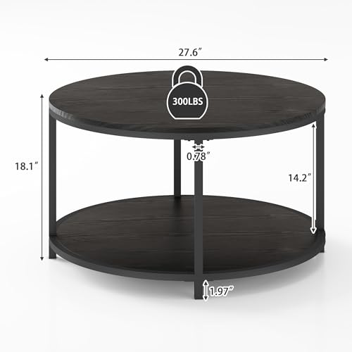 Image of NSdirect Round Coffee Table, 27.6 inch Small Coffee Table for Living Room,2-Tier Rustic Wood Desktop with Storage Shelf Modern Design Home Furniture(Black)