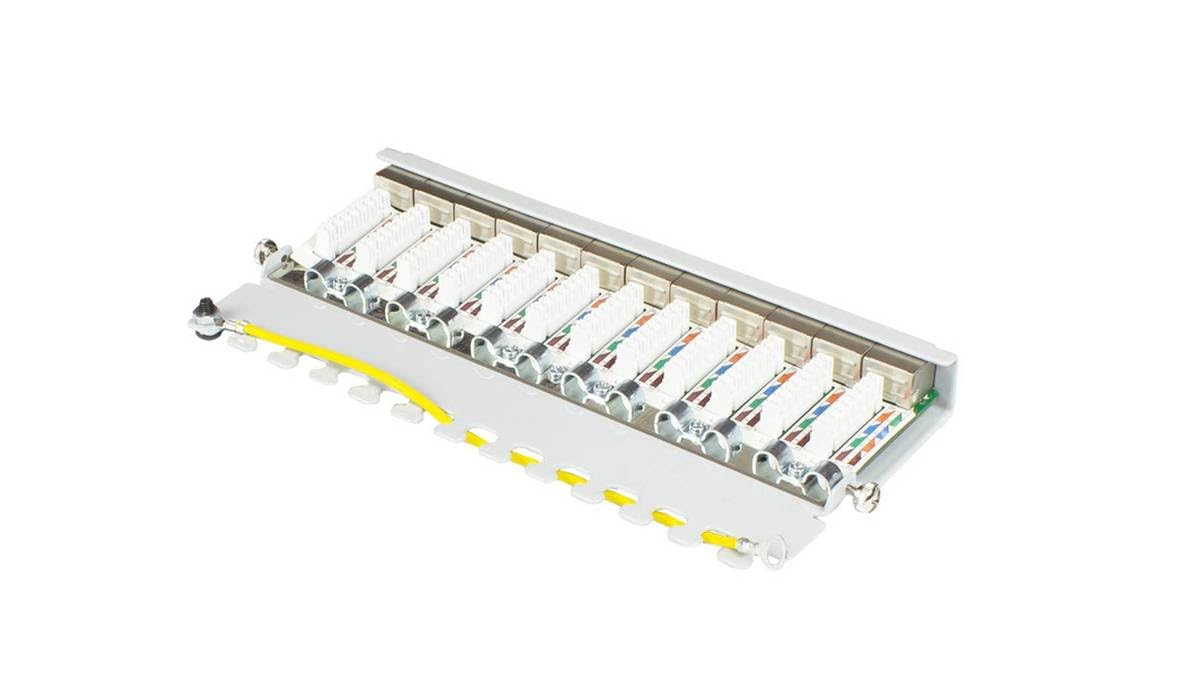 Good Connections Patchpanel/Patchfeld - Desktop - Cat. 6A, 500 MHz - 10-GIGABIT-fähig - 12-Port - 0,5 HE - STP geschirmt - werkzeugloses Öffnen - Lichtgrau (RAL7035)