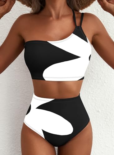 Herseas Women\'s Two Piece Bikini Sets One Shoulder Floral Print 2026 Summer Swimsuits High Waisted Slimming Stretchy Wire Free Bathing Suit Chic Beach Vacation Essentials Black White Abstract Large