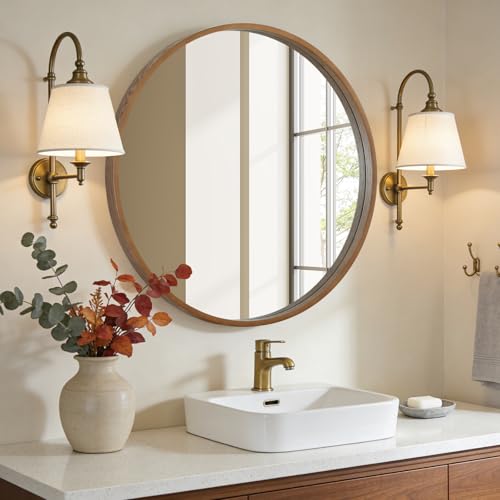 Image of WallBeyond Round Wood Mirror, 36 inch Round Modern Decoration Large Circle Wall Mirror for Bathroom Living Room Bedroom Entryway, Walnut