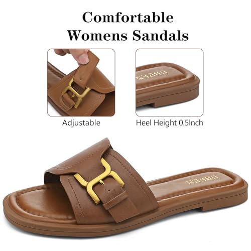 Image of UBFEN Womens Square Toe Flat Sandals Slides Dressy Comfortable for Beach