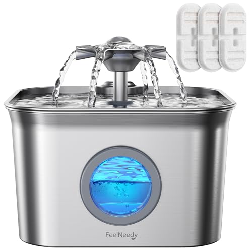 Stainless Steel Cat Water Fountain, 2.8L with 20dB Ultra-Quiet Pump- Ideal for Timid Pets, LED Water Level Window, Dishwasher Safe, 24/7 Circulation- Includes 3 Replacement Filters