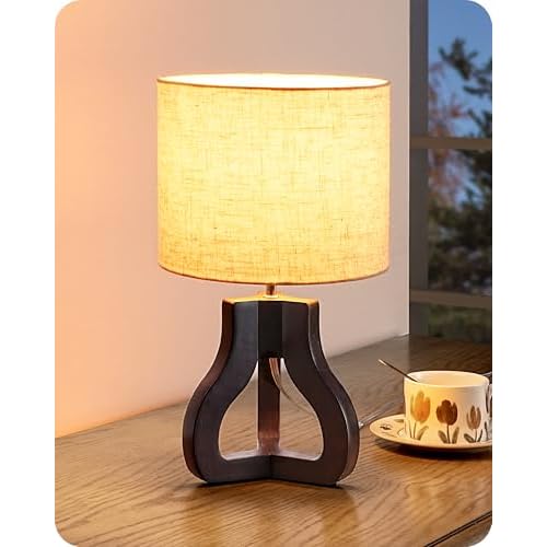 EDISHINE 14.6" Small Table Lamp, Walnut Wood Tripod Nightstand Lamp for Bedroom, Beige Linen Shade, Cute Bedside Lamp for Living Room, Bedroom, On-Off Line Switch, E26 Base(Bulb Not Included