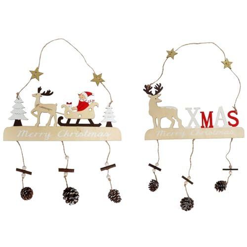 Acan Tradineur - Pack de 2 Adornos Colgantes con Figuras navideñas y piñas, Madera, decoración Festiva, Navidad, Pared, Chimenea - 30 x 27 cm - Modelos aleatorios