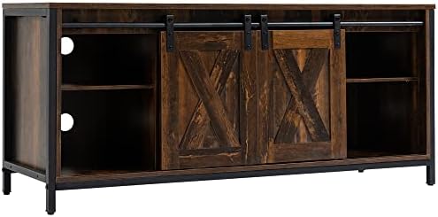 HOMCOM Industrial TV Stand for TVs up to 60", TV Console with Storage and 2 Sliding Barn Doors, Freestanding Entertainment Unit for Living Room, Bedroom, Brown