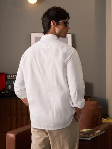 Image of The Souled Store Bold Black Men and Boys Long Sleeve Collared Neck Buttoned Front Regular Fit Cotton Linen Shirts
