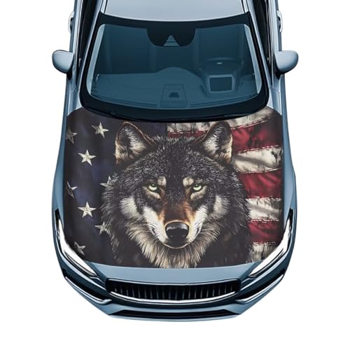Image of Car Hood Cover Protector,Comfortable Breathable Print Hood Covers for Cars,Universal Accessories for Decoration Black Wolf American Flag Pattern Print