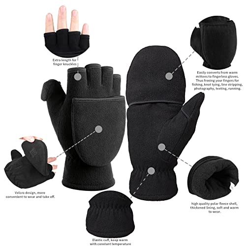 Bessteven Mens Womens Winter Fingerless Gloves: Thermal Thick Warm Fleece Convertible Mittens For Photographer In Cold Weather - Black Large #TOP1