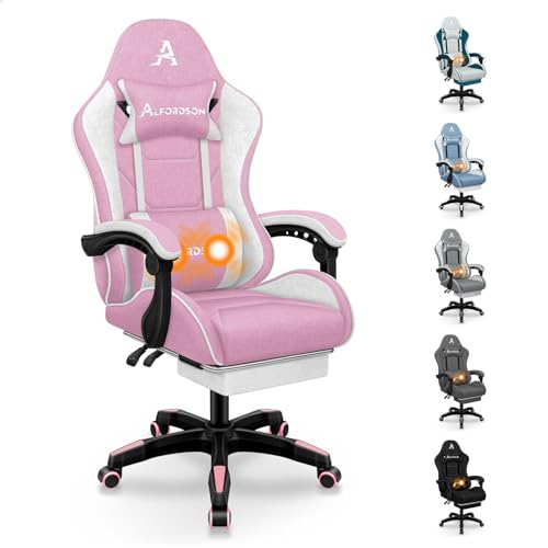 ALFORDSON Silla Gaming de Masaje, Silla de Oficina con reposapiés, Silla Gaming de Carreras, Capacidad de 180 kg, Respaldo Ajustable de 90-150°, Silla ergonómica, Cuero sintético, Blanco y Rosa