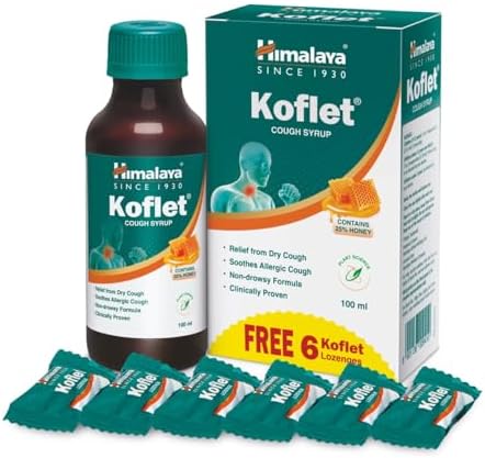 Himalaya Kolfet Cough Syrup 100 ml + 6 Koflet lozenges Free Herbal| Non-Drowsy Formula| 25% Honey| Wet & Dry Cough | Sore throat | Irritation