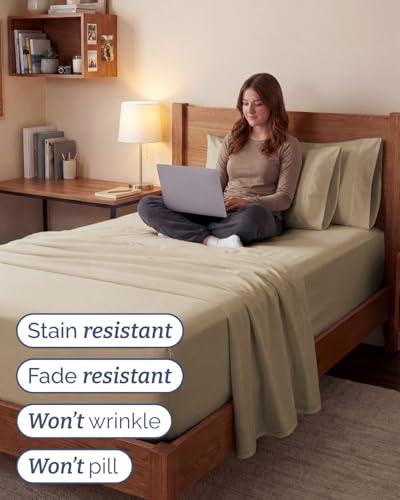 Image of Extra Deep Twin XL Sheet Set - 4 Piece Breathable & Cooling Sheets - Cream | Hotel Luxury Bed Sheets Set, Easy & Secure Fit, Ultra-Soft, Wrinkle & Fade Free, Comfy Sheets Set with Extra Deep Pockets