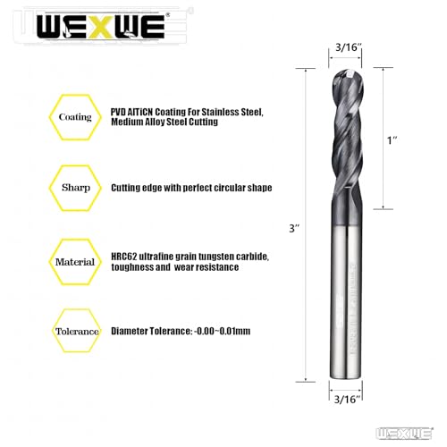 Image of Tools Extra Long Carbide Ball Nose End Mill for Cutting Alloy Steels, with HRC62 Tungsten Carbide+AlTiN Coating,3 inch Overall Length CNC Router Bits,3 /16 Shank End Mill Bits (3 /16-3 inch 2PCS)