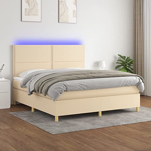 KLYEON Cama Box Spring colchón y Luces LED Tela Crema 180x200 cm,Cama Matrimonial Tapizada con Luces LED, Colchón Ortopédico y Cabecera Ajustable Camas y somieres