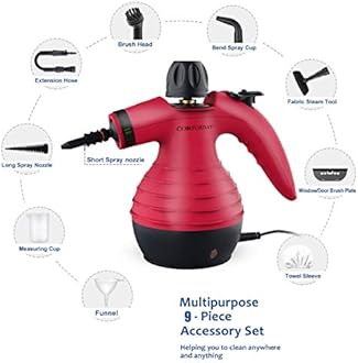 Comforday Handheld Pressurized Steam Cleaner - Multipurpose Steamer with 9-Piece Accessory Kit for Stain Removal, Upholstery, Curtains, Car Seats, Carpets, Floors, and Windows (Red)