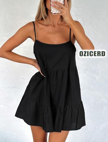 Image of OZICERD Flowy Short Sundress Mini Babydoll Dresses for Women Going Out Tiered Ruffle Beach Spaghetti Strap Swing Dress Cute