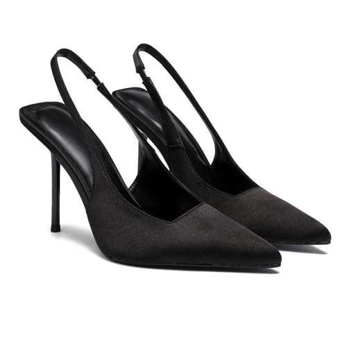 VOLEECE Women's Satin Slingback Stiletto High Heels Pointed Toe Slip On Pumps Shoes with Back...
