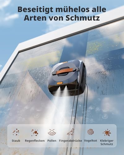 AIRMSEN YW733 Fensterputzroboter, Automatische Routenplanung, 4 Reinigungsmodi, 4 Sprühdüsen, 110 ml Tank, 6000 Pa Saugkraft, Anti-Rutsch-System, für Fenster, Duschglas & Spiegel