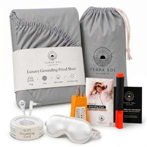 Terra Sol Bare Earth Grounding Sheets King Size - 88% Organic Cotton + 12% Silver Fiber Earthing Sheets - Complete Sleep Bundle with 15ft Cord Safety Testers & Silk Sleep Mask (Grey)