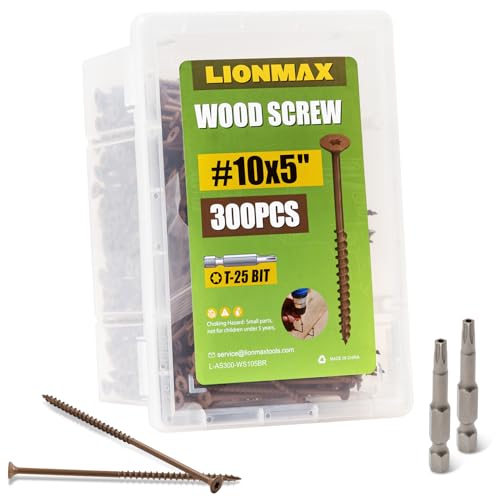 Image of LIONMAX Wood Screws 5 Inch, Deck Screws #10 x 5, 300 PCS, Rust Resistant, Epoxy Coated, Exterior Wood Screw, Outdoor Decking Screws, Torx /Star Drive Head, T25 Star Bit Included, Brown