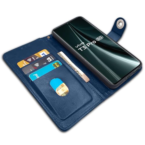 Image of Pikkme Flip Cover Leather Finish | Inside TPU with Card Pockets | Wallet Stand and Shock Proof | Complete Protection Button Flip Case for Vivo T3 Pro 5G / iQOO Z9s Pro 5G (Blue)
