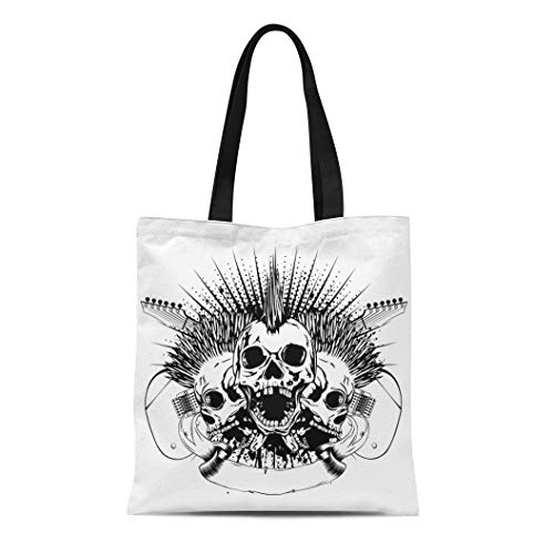 Semtomn Cotton Canvas Tote Bag Acoustic Three Punk Skulls Mohawk Haircut and Crossed