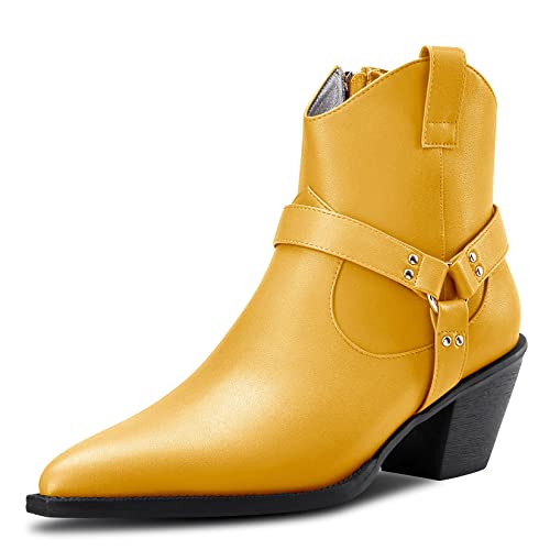 Aachcol Women Ankle Boots Short Bootie Square Toe Low Kitten Chunky Block Heel Western Cowboy Cowgirl Matte Zipper Dress Shoes 2.5 Inch