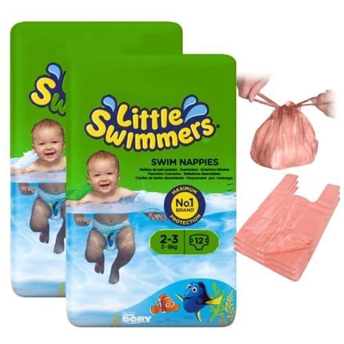 Swim Nappies Size 2-3 with Nappy Bags for Swim Nappy Little Swimmers Disposible Swimming Nappies for Babies (3-8kg) x 24 - Waterproof Nappies Great for Summer Indoor Outdoors Pools