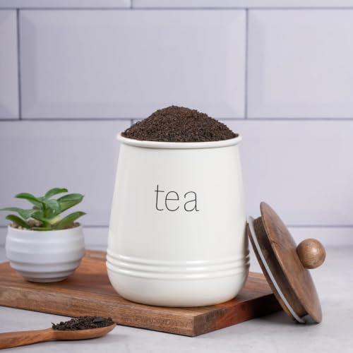 Image of Stylish Airtight Container for Kitchen, Tea Sugar Storage,White, Metal with Wooden Lid & Spoon, 1000ml, Canister for Kitchen Counter top | Food-Safe Jar Set of 2 (Tea & Sugar)