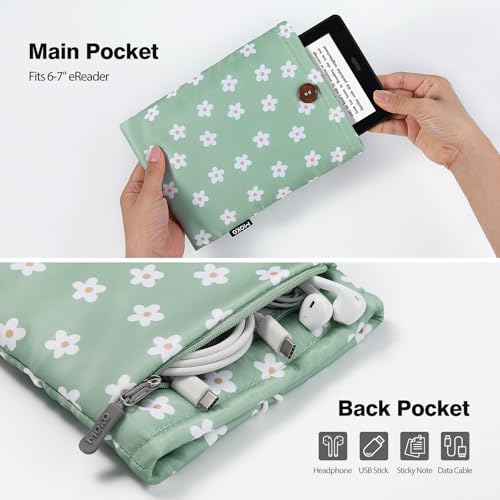MoKo 6-7 Inch Embroidered Daisy Padded E-Reader Sleeve Zippered Bag with Back Pouch for Most 6/6.8/7 inch E-Reader, 6" Nook Glowligt 4, 6" Kobo Clara BW/Clara Colour, Green Flowers - image 4