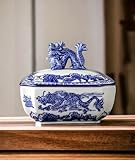Festcool Classic Blue and White Ceramic Porcelain Jar Rectangle Canister, Sugar Candy Container, Tea Container, Dragon Button Lid, Hand-crafted Chinoiserie Decor